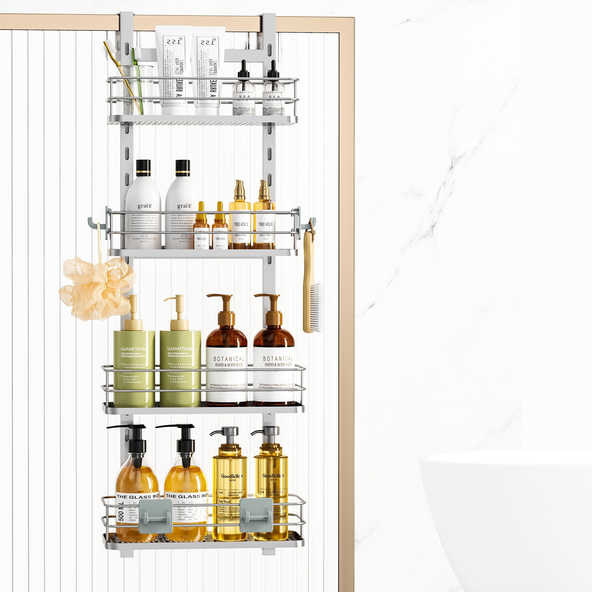 Orimade Adjustable Hanging Over the Shower Door Caddy,Bathroom Organizer Shelf Storage with 4 Hooks for Razor,No Drilling Rustpr