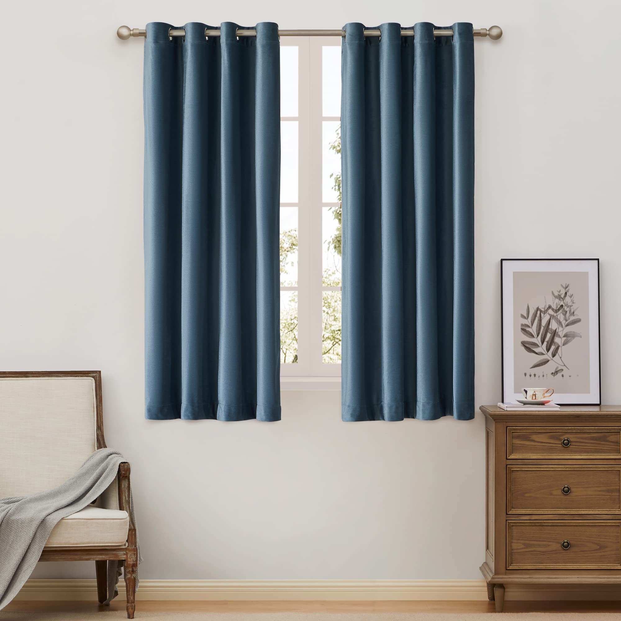 Bulbul Living Room Velvet Window Curtains 63 Inch Long- 2 Panels Stone Grayish Blue Window Drapes Curtains Thermal Insulated Roo