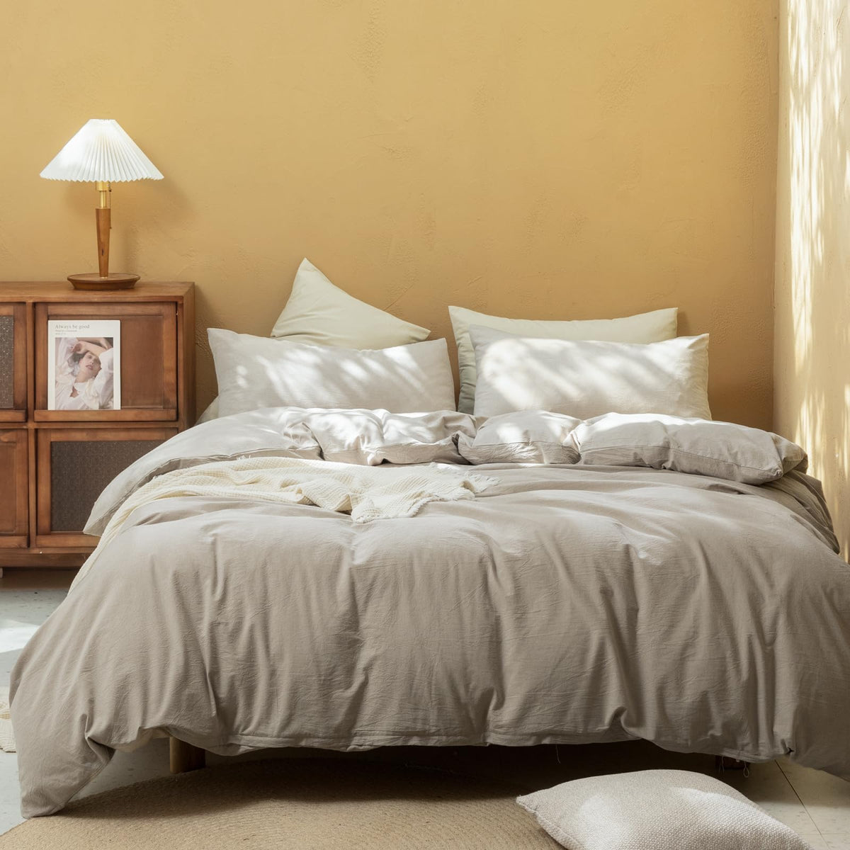 Fossa Duvet Cover Set 100% Washed Cotton Linen Feel Super Soft Breathable Cozy 3 Pieces Bedding Sets Solid Beige Grey King