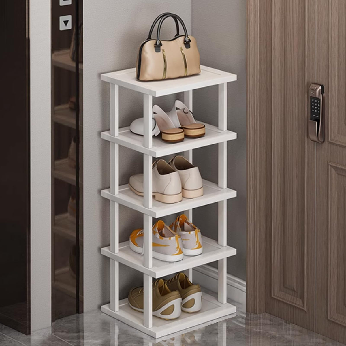 SAN HE Bamboo Shoe Rack 5Tier Vertical White Shoe Rack for Small Spaces, Tall Narrow Shoe Rack Organizer for Closet Entryway Co