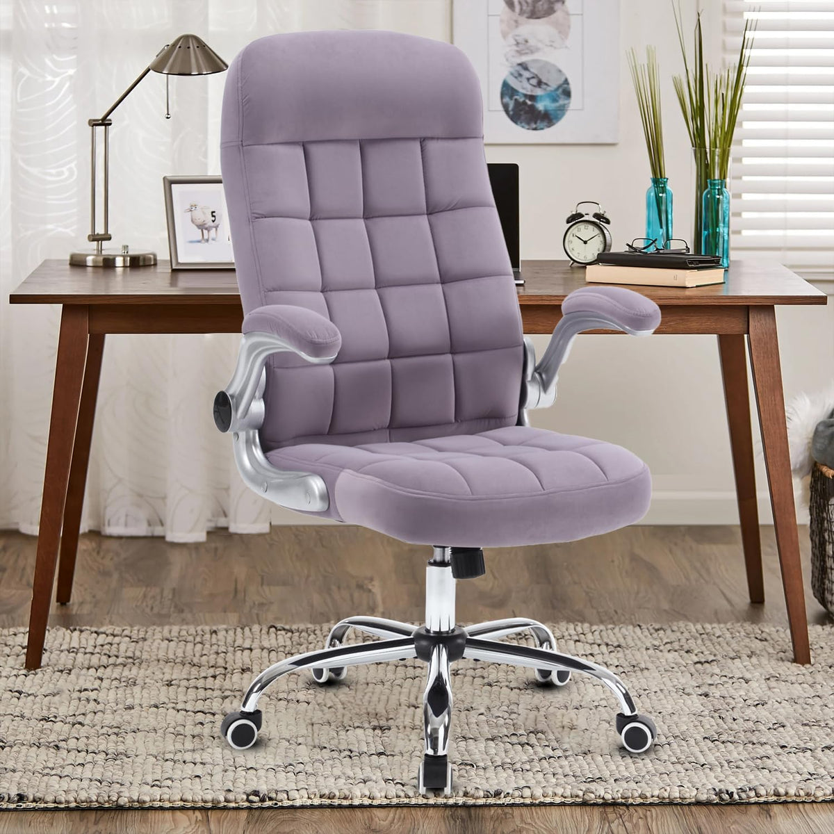 Reficcer High Back Fabric Office Chair Purple, Velvet Executive Desk Chairs With Flip-Up Arms, Ergonomic Office Chairs With Lumb