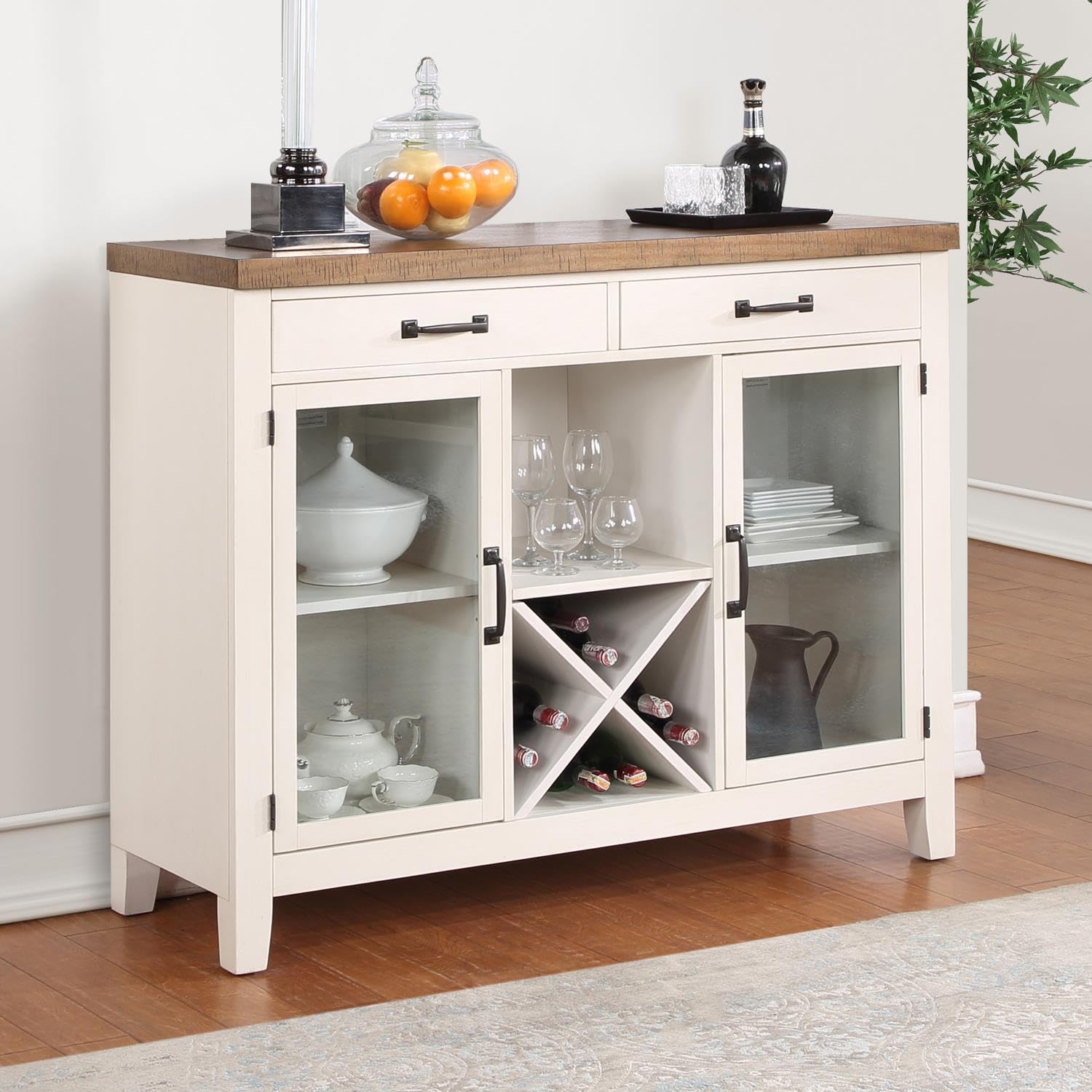 Steve Silver Furniture Hyland Server-Two-Tone Milk and Honey Finish, Glass Doors, Removable Wine Rack Sideboard, 18" D x 52" W x 42" H, Brown