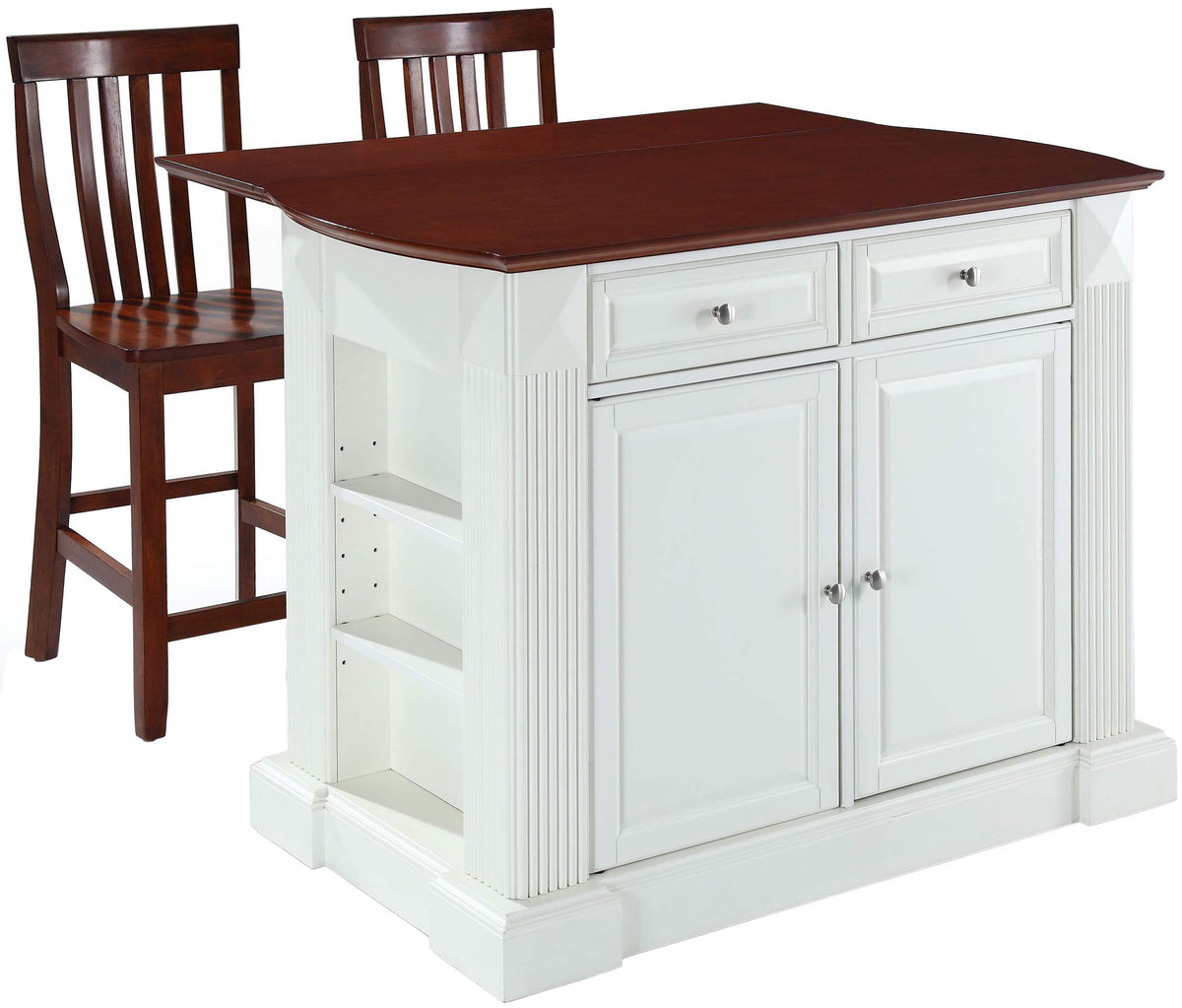 Crosley Furniture Drop Leaf Kitchen Island/Breakfast Bar With 24-Inch Schoolhouse Stools - White / Classic Cherry