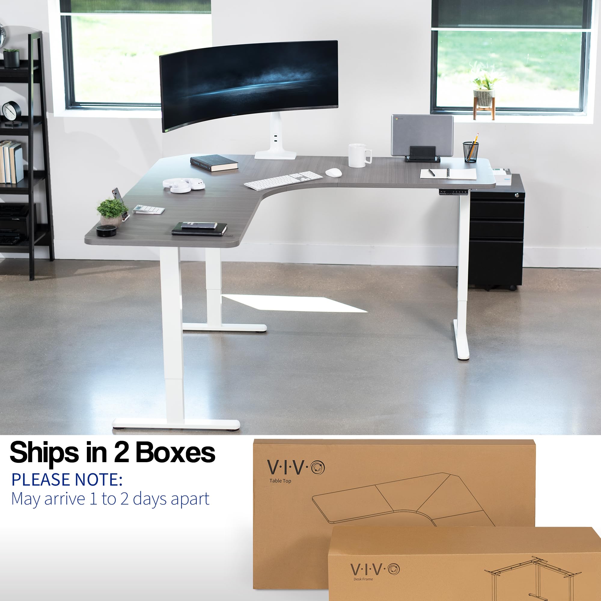 Vivo Electric Height Adjustable 71 X 71 Inch Curved Corner Stand Up Desk, Dark Gray Table Top, White Frame, Memory Controller, L-Shaped Workstation, E3C Series, Desk-Kit-E3Cwg