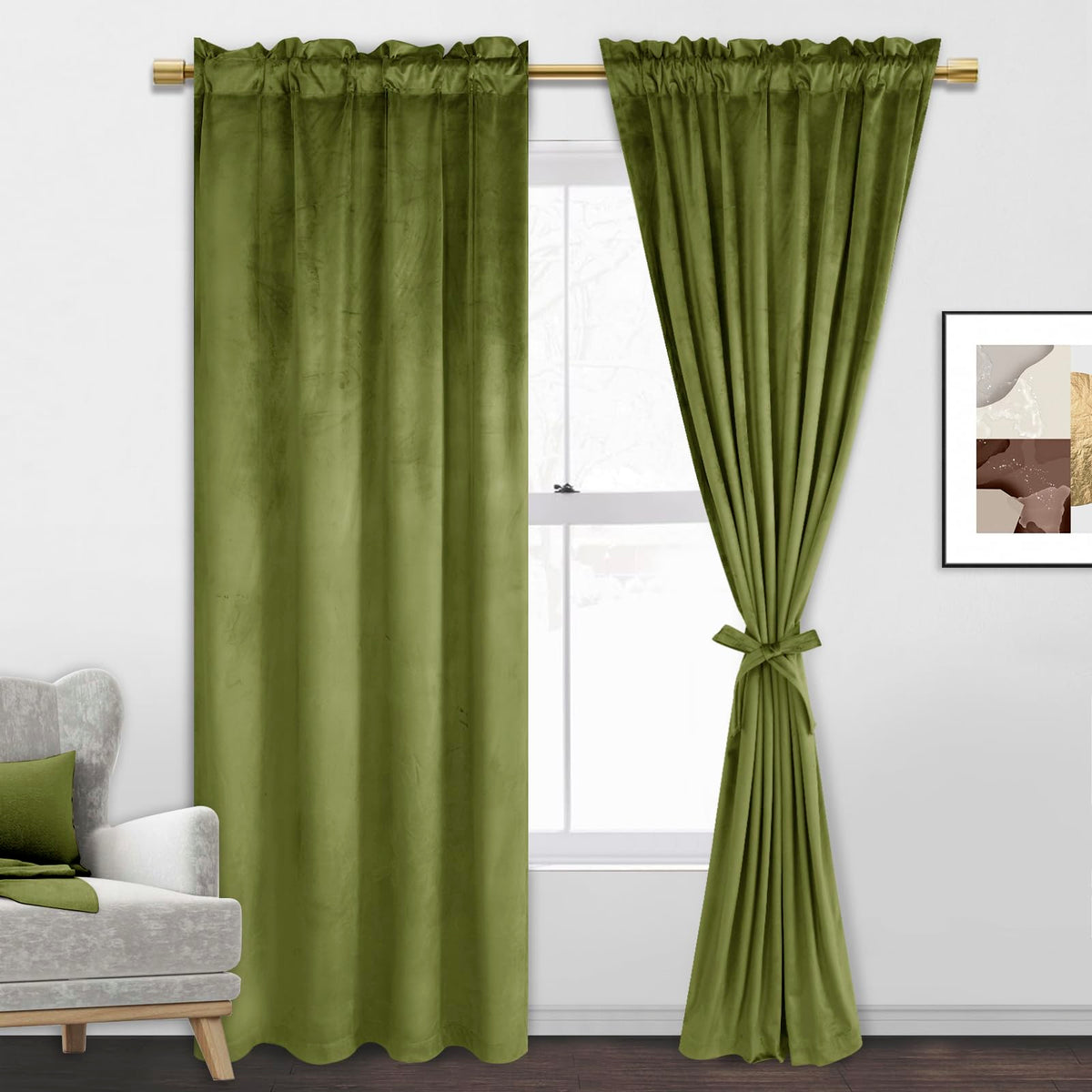 Jiuzhen Moss Green Velvet Curtains 72 Inches For Living Room - Privacy Protect Room Darkening Rod Pocket Thick Velvet Window Dra