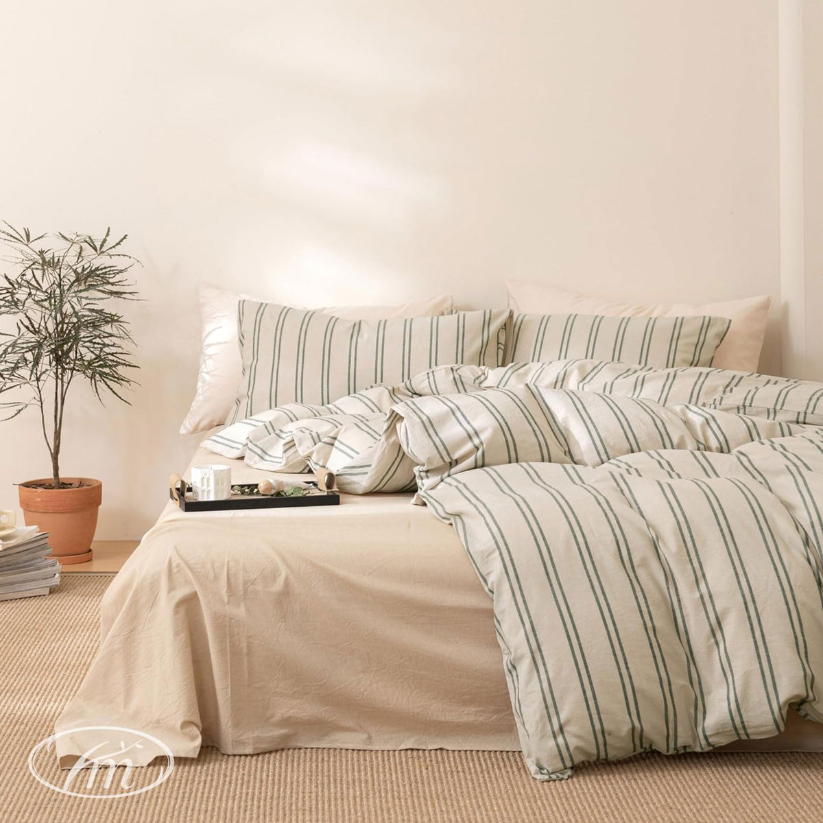 Vm Vougemarket Full Duvet Cover Set Beige Gray Striped Bedding Set Soft Washed Cotton 3 Pieces Dark Green Vertical Ticking Strip