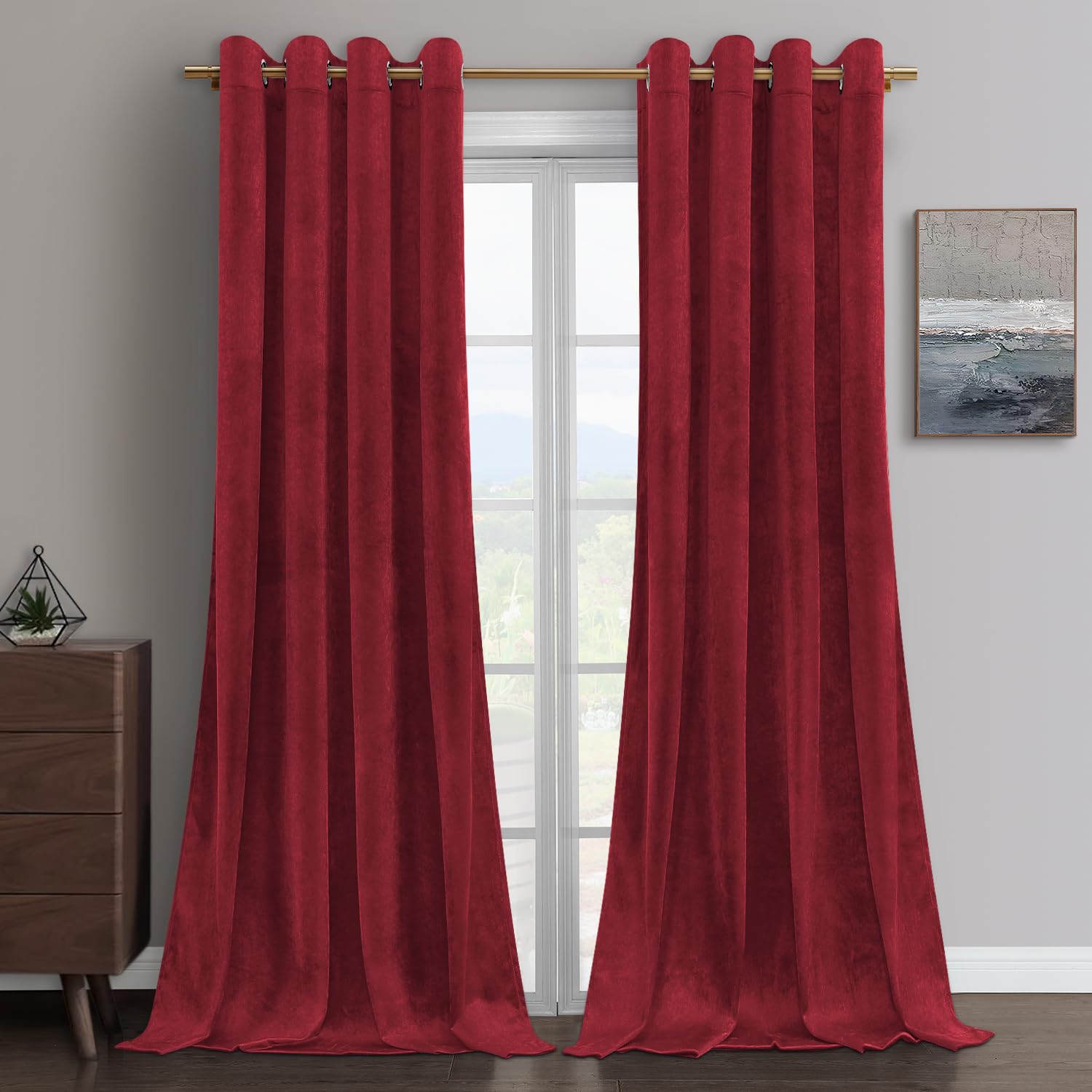 Homeideas Red Velvet Curtains 84 Inches Long 2 Panel Heavy Duty Light Blocking Curtains For Threater/Film Room Thermal Insulated