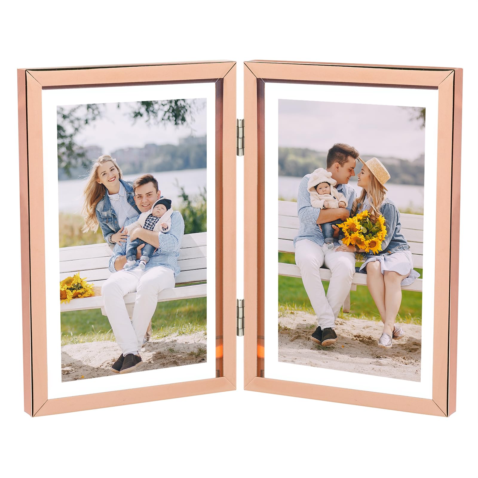 Golden State Art, Rose Gold 4x6 Hinged Double Frame - Floating Frame for 3 x 5 or Smaller Photos - Metal Frame and Real Glass, E