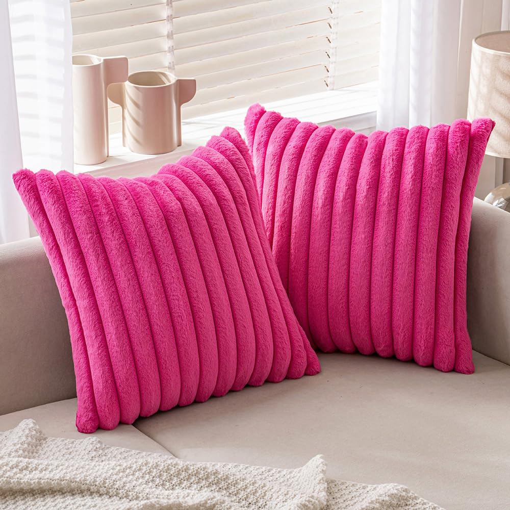 Miulee Hot Pink Throw Pillow Covers 18X18 Inch Set Of 2 Fuzzy Striped Soft Pillowcase With Velvet Back Faux Rabbit Fur Cushion C