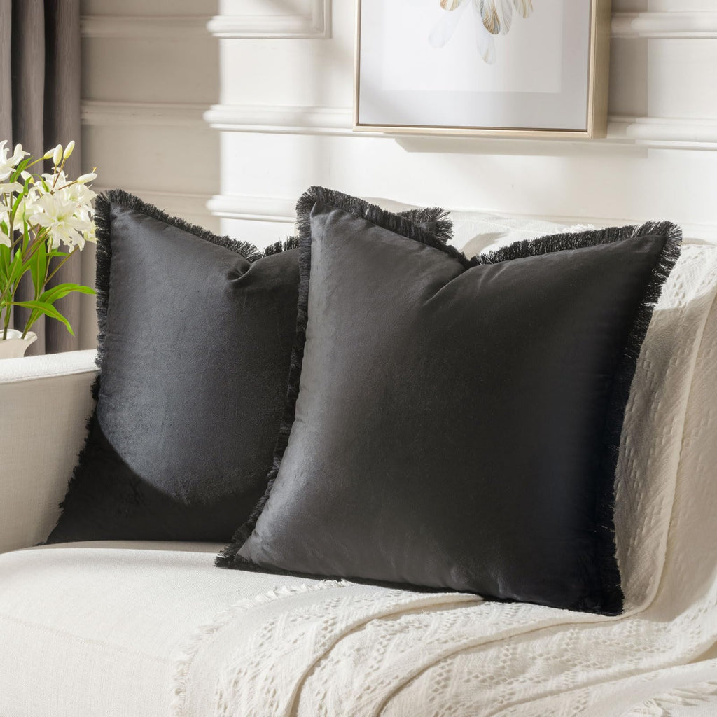 FUTEI Black Boho Throw Pillow Covers with Tassels 16x16 Inch Set of 2,Soft Velvet Decorative Cushion Case,Home Decor for Couch B