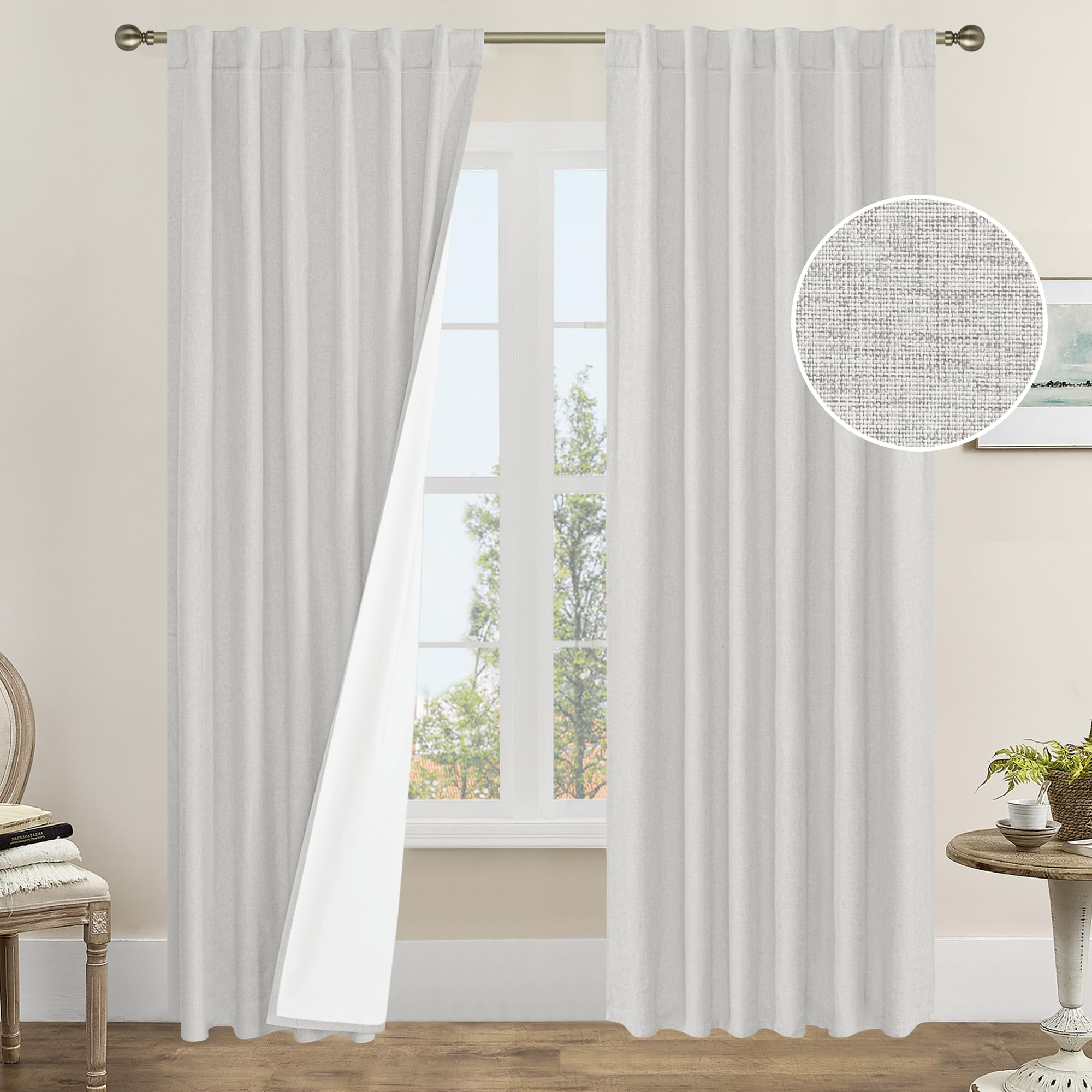 Lamit 100% Blackout Curtains For Living Room, 95 Inches Light Grey Linen Textured Thermal Bedroom Curtains Back Tab And Rod Pock