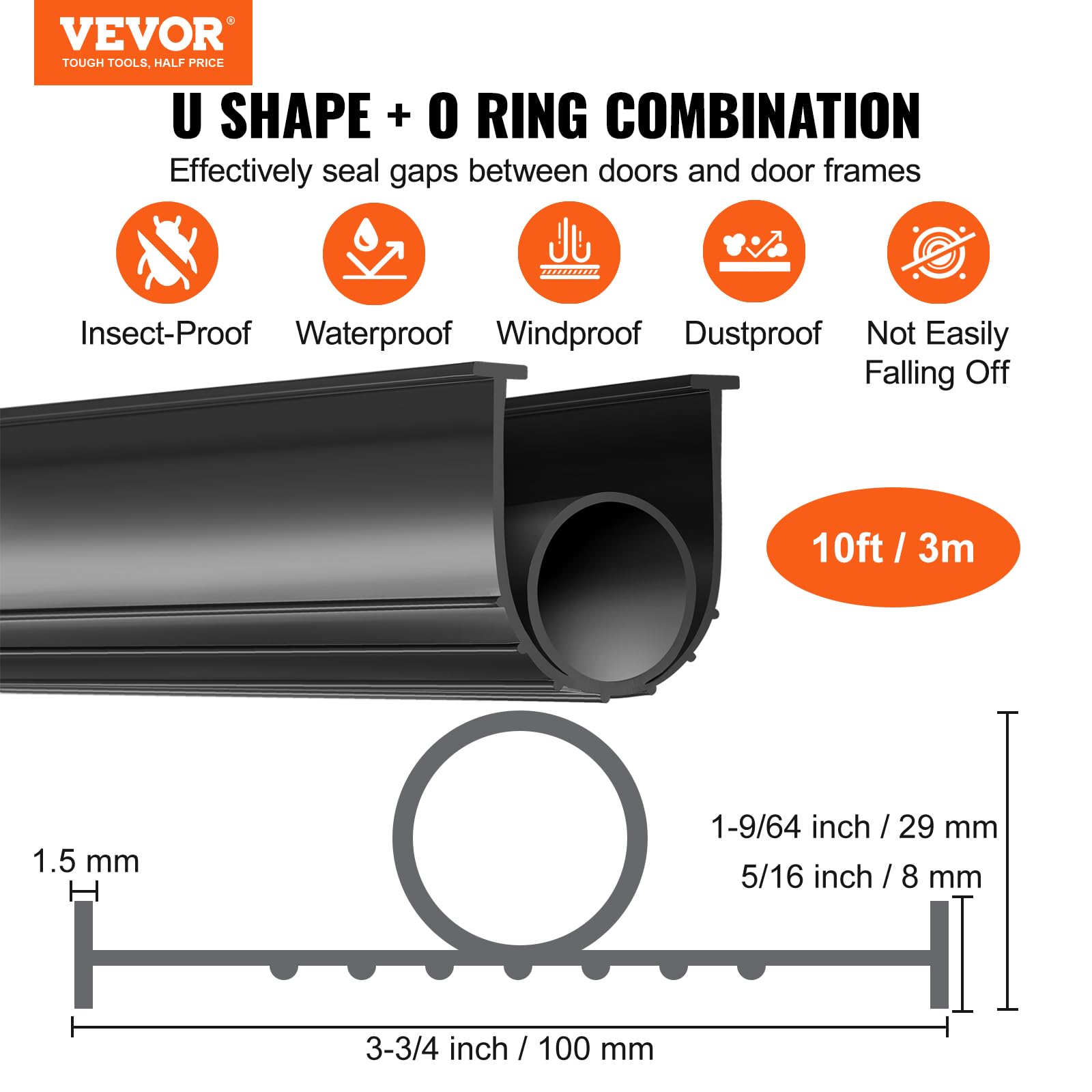 Vevor Garage Door Seals Bottom Rubber, U Shape +O Ring Garage Door Weather Stripping, Universal Weatherproof Threshold Buffering