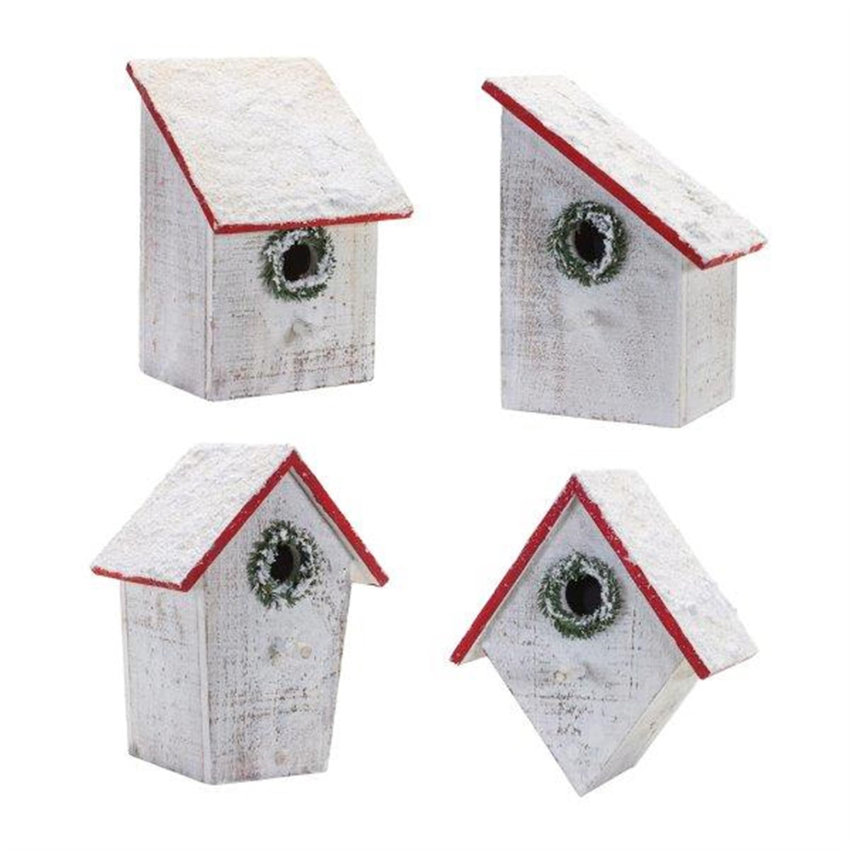 Melrose Flocked Wood Birdhouse with Wreath Accent Christmas Decorations - 10' - Set of 4