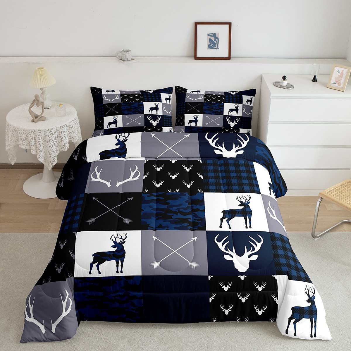 Manfei Camo Deer Antlers Comforter Set Twin,Geometric Plaid Patchwork Bedding Set 2Pcs For Kids Teens Girls Boys Room Decor,Boho