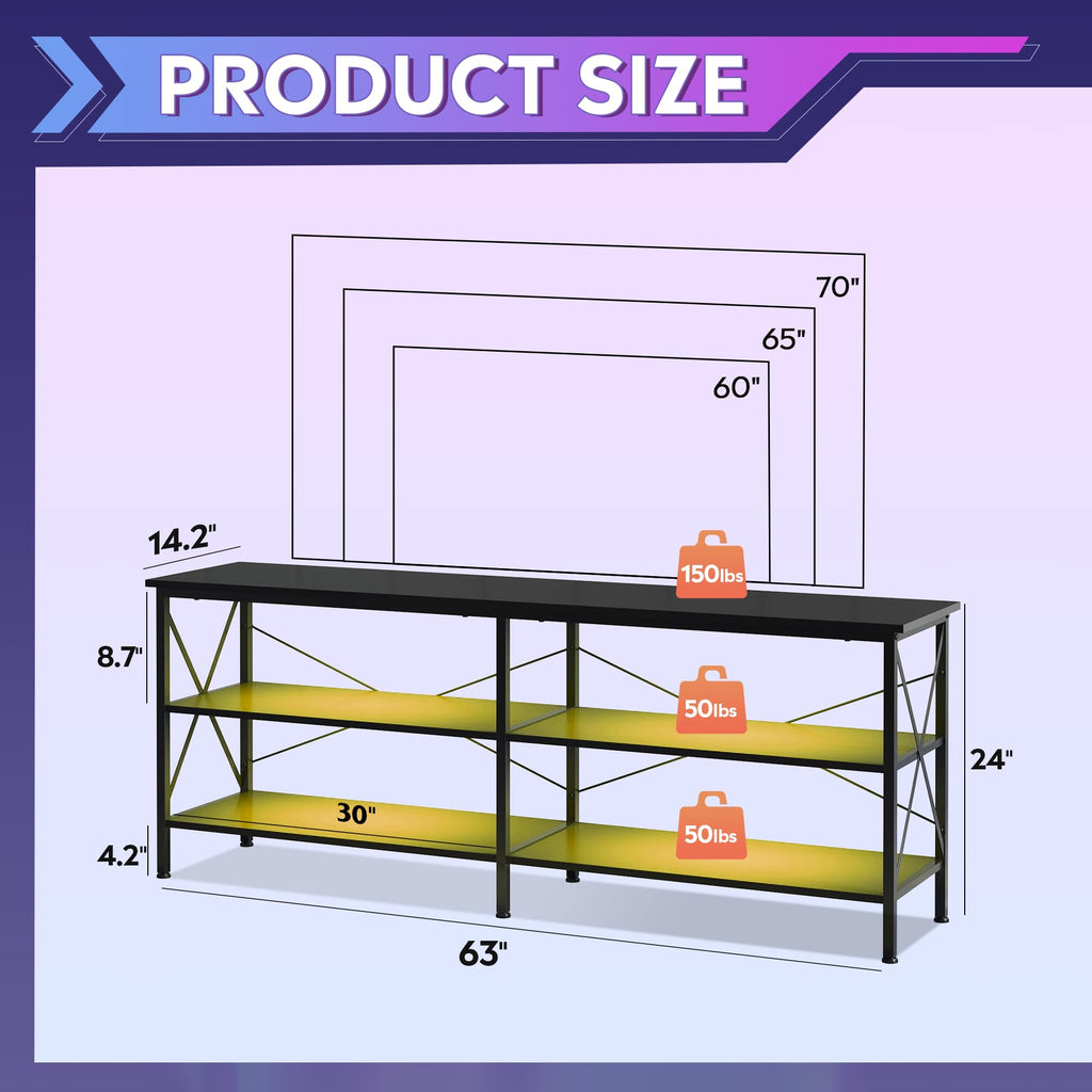 Wlive Tv Stand Up To 70 Inch Tv, 63' Entertainment Center With Led, Tv Media Console With 3-Tier Storage Shelves For Living Room And Bedroom, Black
