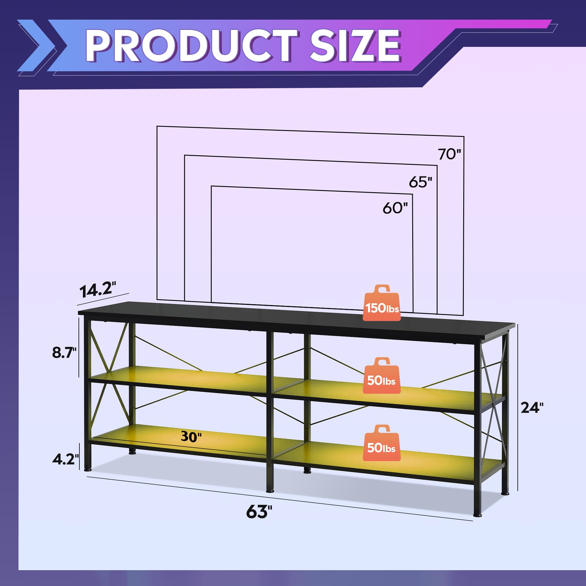 Wlive Tv Stand Up To 70 Inch Tv, 63' Entertainment Center With Led, Tv Media Console With 3-Tier Storage Shelves For Living Room And Bedroom, Black
