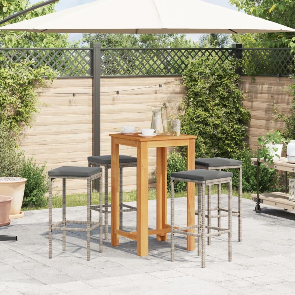 vidaXL Acacia & Poly Rattan 5Pc Patio Bar Set - Gray Outdoor Bar Table and Stools with Comfort Cushions, Footrest, Washable Covers