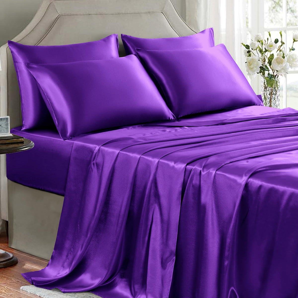 Golal Satin Sheets Full Size - 6 Pieces Luxury Silky Soft Bed Sheets, Wrinkle-Free Dark Purple Satin Silk Sheet Set With 1 Deep