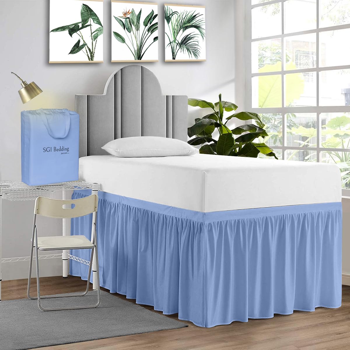 Sgi Bedding Dorm Bed Skirt Twin Xl 56 Inch Drop Length - Light Blue, Ruffled Pattern College Dorm Room Bed Skirts - Split Corner