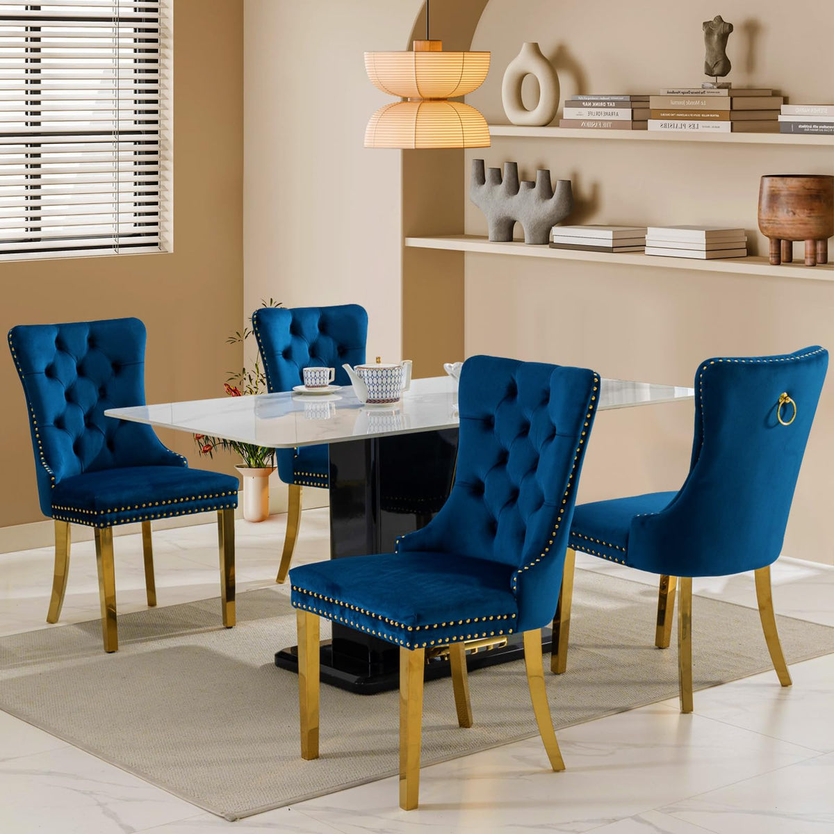 Soarflash Velvet Dining Chairs Set Of 4, Tall Back Side Chair, Modern Upholstered Side Chair With Button Back Ring, Gold Plated