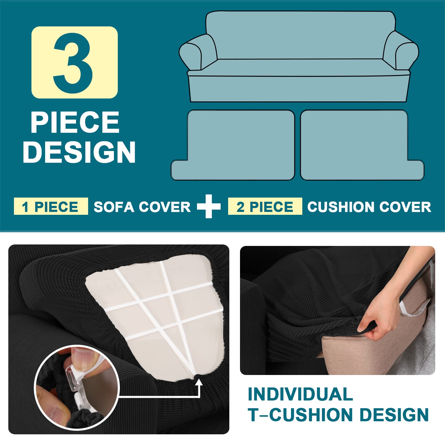 Turquoize 3 Piece T Cushion Sofa Slipcovers Sofa Cover For T Cushion Sofa Couches Stretch Couch Cover Furniture Covers With 2 Individual T Cushion Covers, Machine Washable (2 Cushion Sofa, Black)