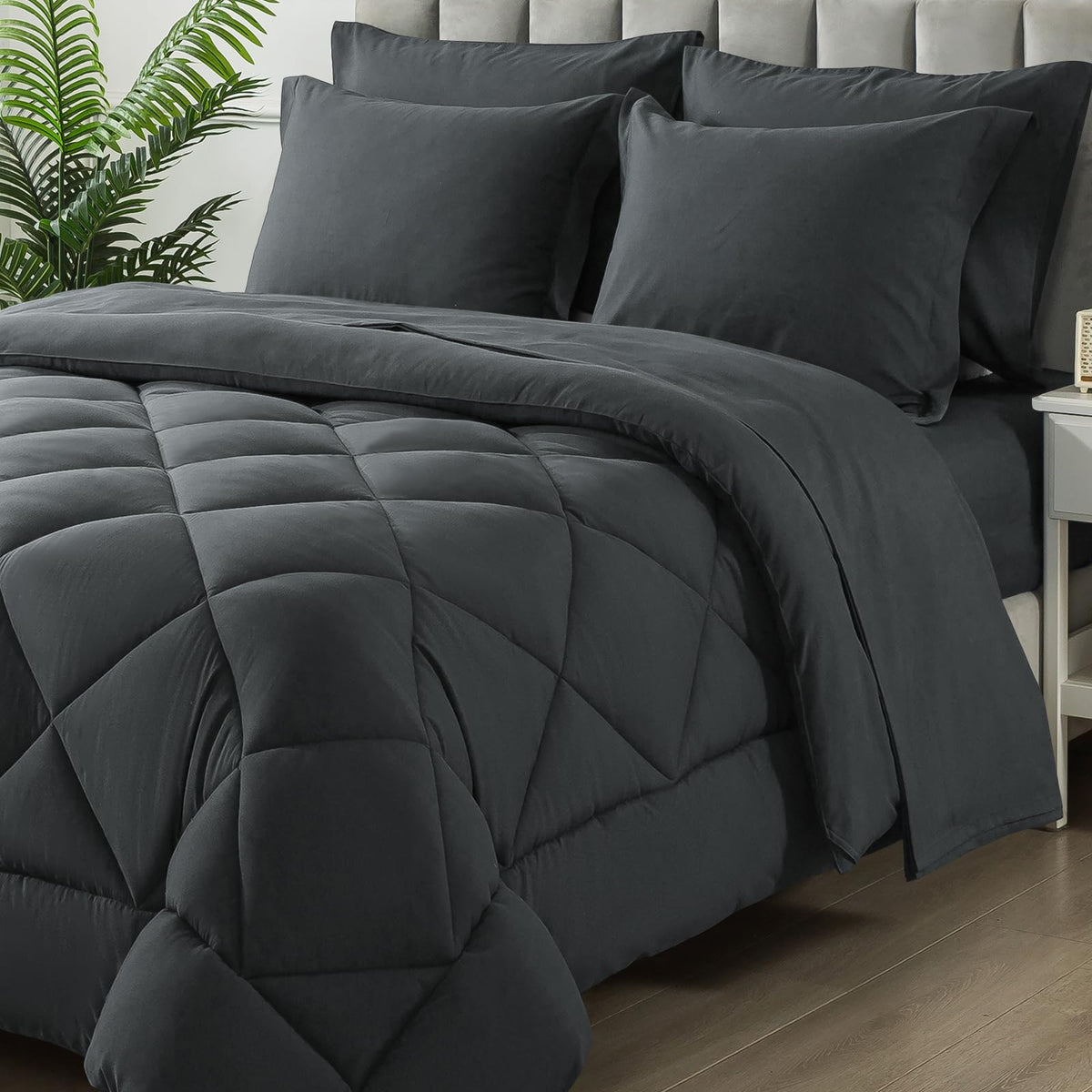 Samebed Full Size Comforter Set, 7 Pieces Bed In A Bag, Bedding Sets With All Season Soft Quilted Lightweight Comforter, Flat Sh