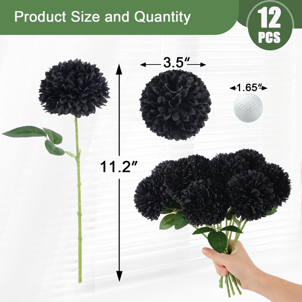 Hananona 12 Pcs Artificial Chrysanthemums Flowers Ball Flowers, Fake Mums Flowers Black Silk Plants For Ghothic Home Decor Indoo