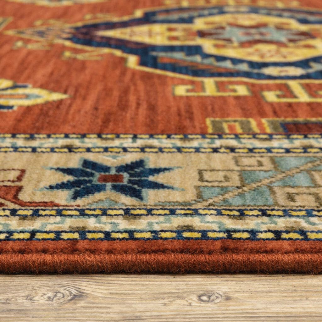 HomeRoots 509260 10 x 13 ft. Red Gold Blue Brown Oriental Power Loom Stain Resistant Rectangle Area Rug with Fringe