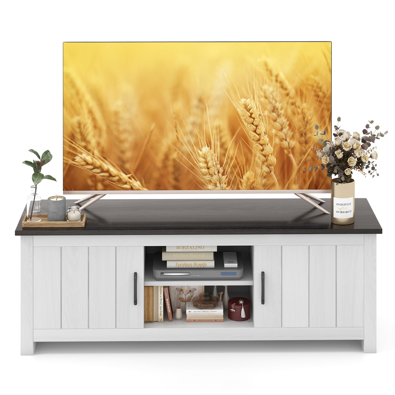 Ifanny Tv Stand For 65 Inch Tv, Farmhouse Entertainment Center With Storage Cabinets & Open Shelves, 2 Doors Wood Tv Cabinet, Mid Century Modern Media Console Table For Living Room Bedroom, Dark Brown