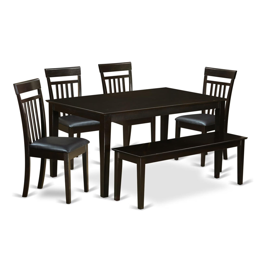 East West Furniture CAP6S-CAP-LC 6 Piece Kitchen Table & Chairs Set Contains a Rectangle Dining Table and 4 Faux Leather Dining Room Chairs with a Bench, 36x60 Inch, Cappuccino