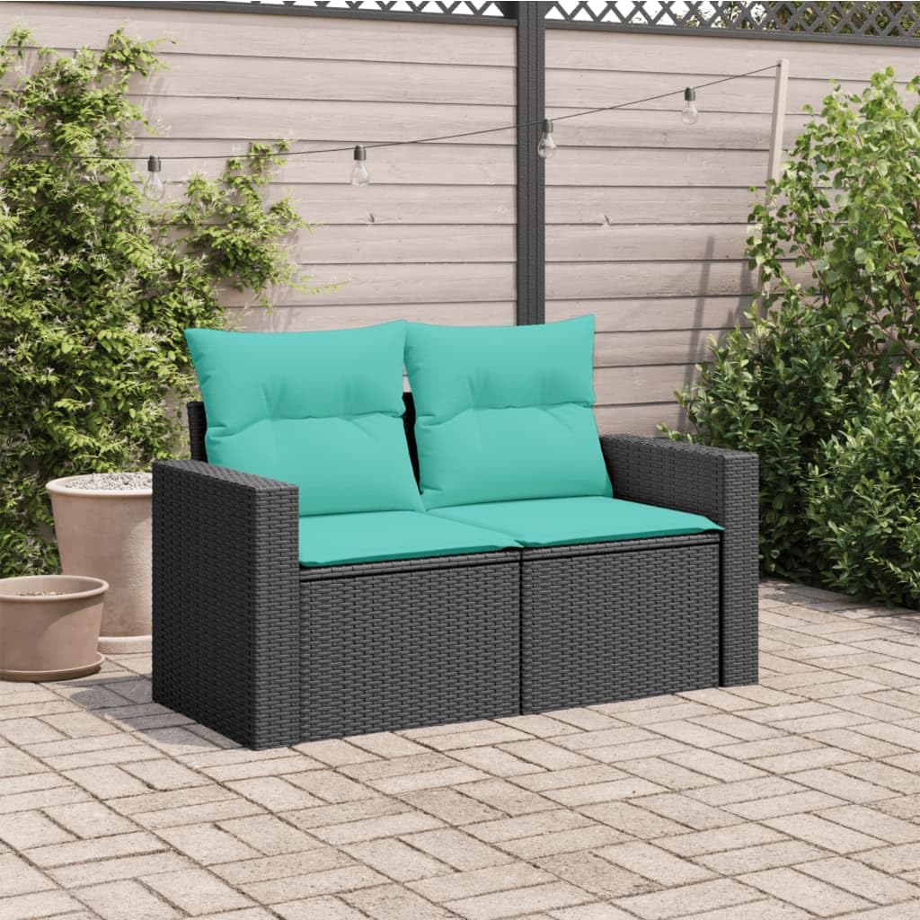 vidaXL Patio Sofa with Cushions - 2-Seater Outdoor Loveseat - Black Poly Rattan - Comfortable, Weather-Resistant, Storage Function
