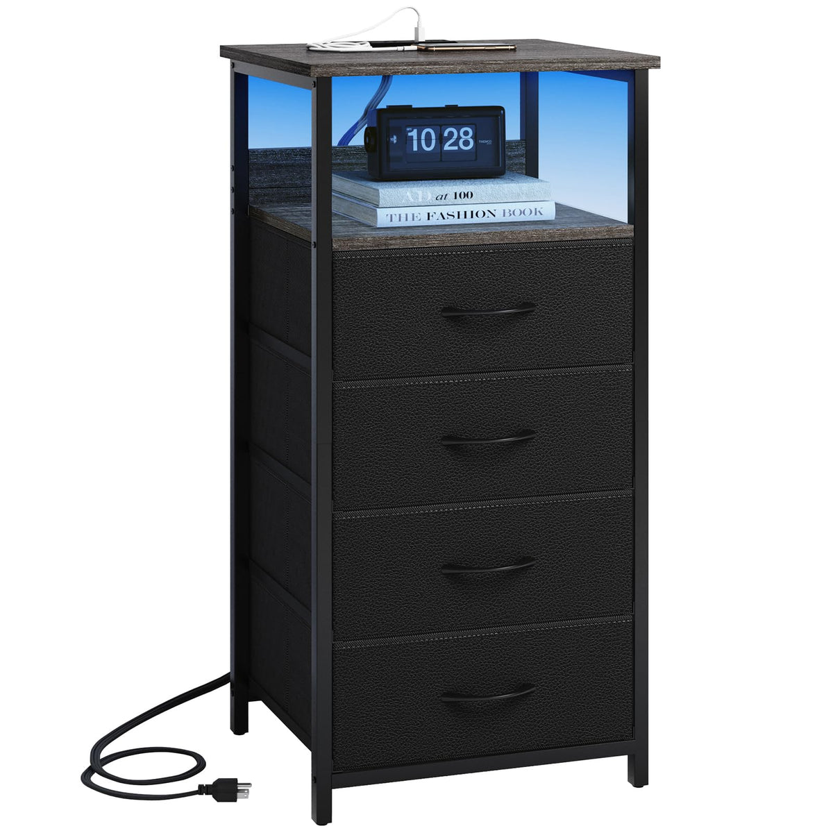 Fixwal Night Stand with Charging Station, Tall Nightstand with U-S-B Ports and Outlets, 4 Fabric Storage Drawers with PU Finish,
