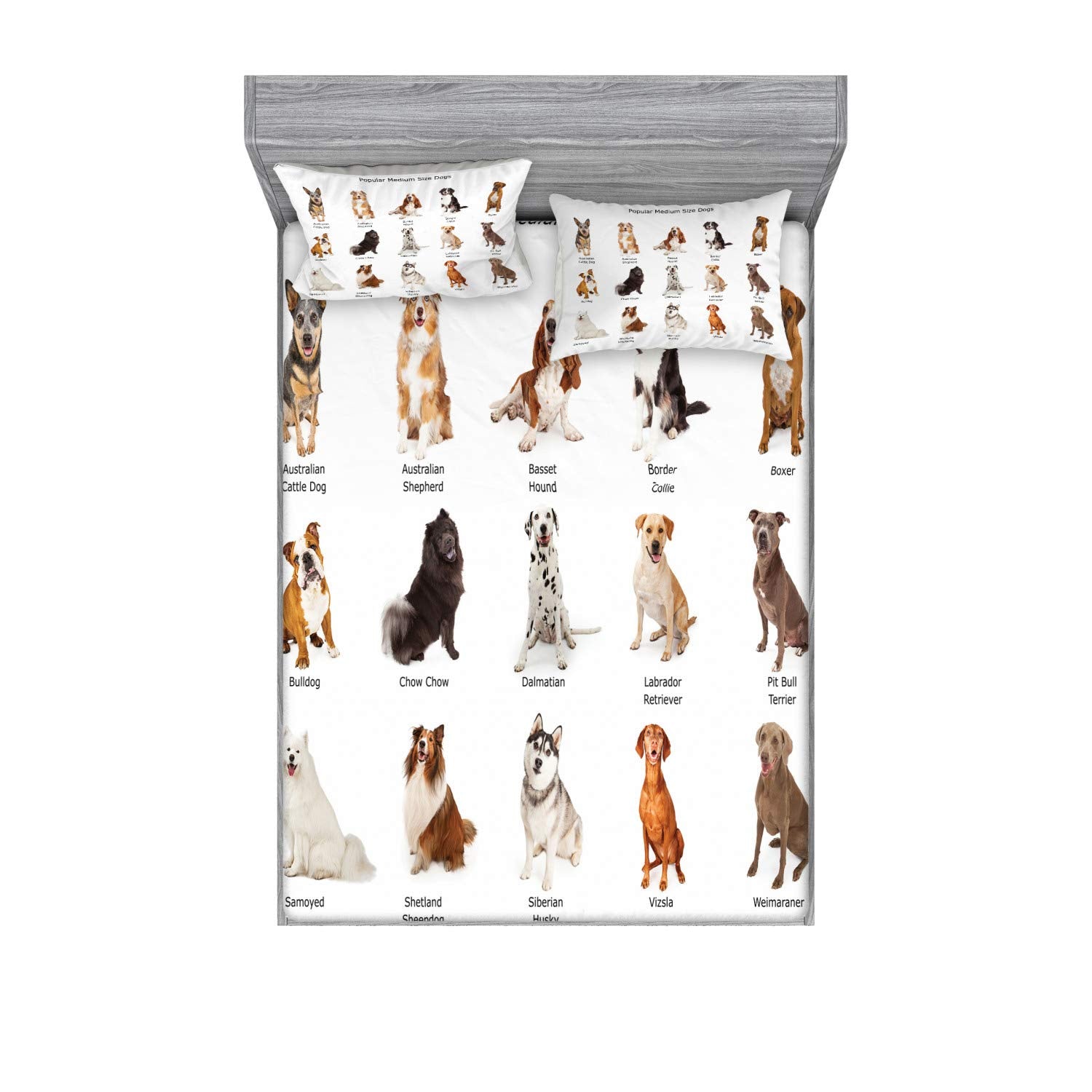 Ambesonne Dog Fitted Sheet & Pillow Sham Set, Puppy Breed Written Names Family Species Dalmatian Husky Bulldog, Decorative Print
