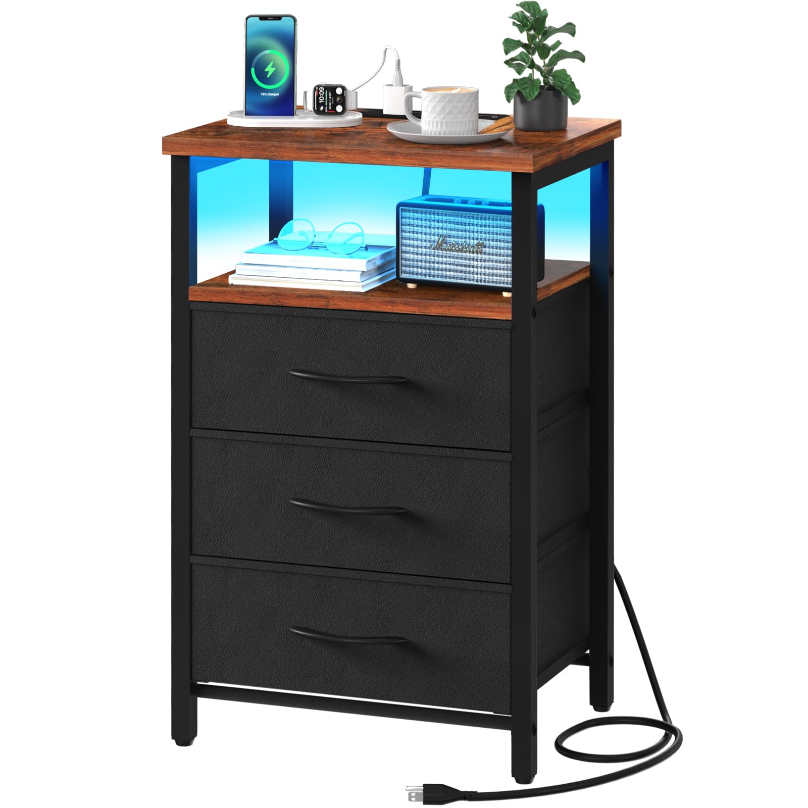 Yoobure Night Stand With Charging Station, 16 Colors Led Nightstand With Usb Ports And Outlets, End Table With 3 Fabric Drawers And Storage Shelf, Bedside Tables Small Dresser For Small Space