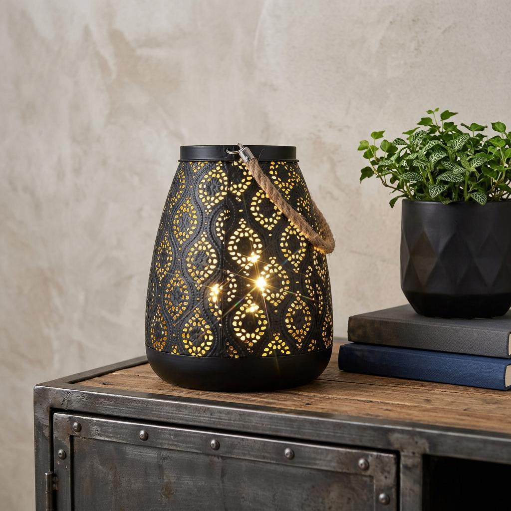8 Black Metal Battery Operated Pierced Geometric Lantern