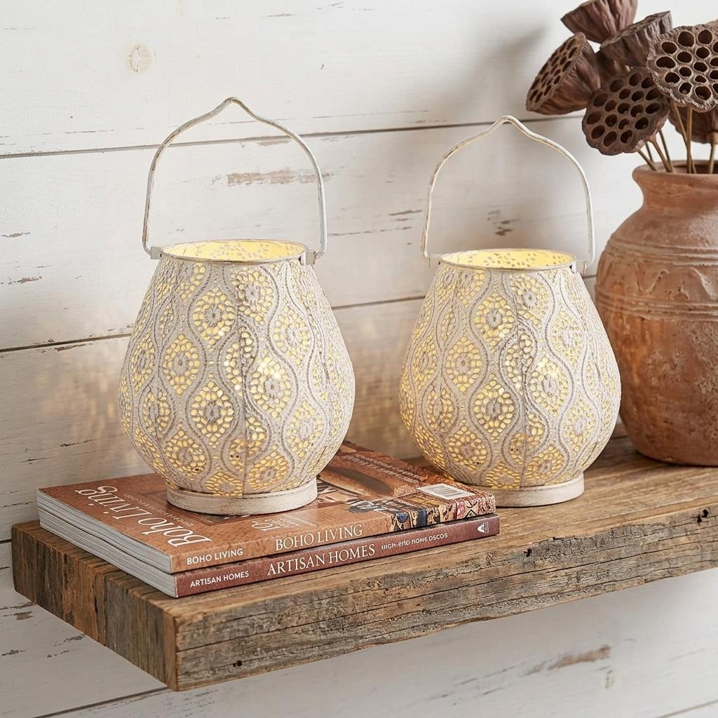Set of Two 10 Beige Pierced Geometric Cordless Lantern Lamps