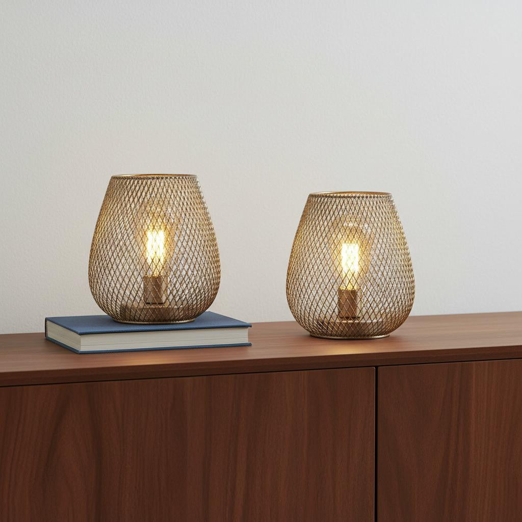 Set of Two 7 Silver And Gold Pierced Geometric Cordless Lantern Lamps