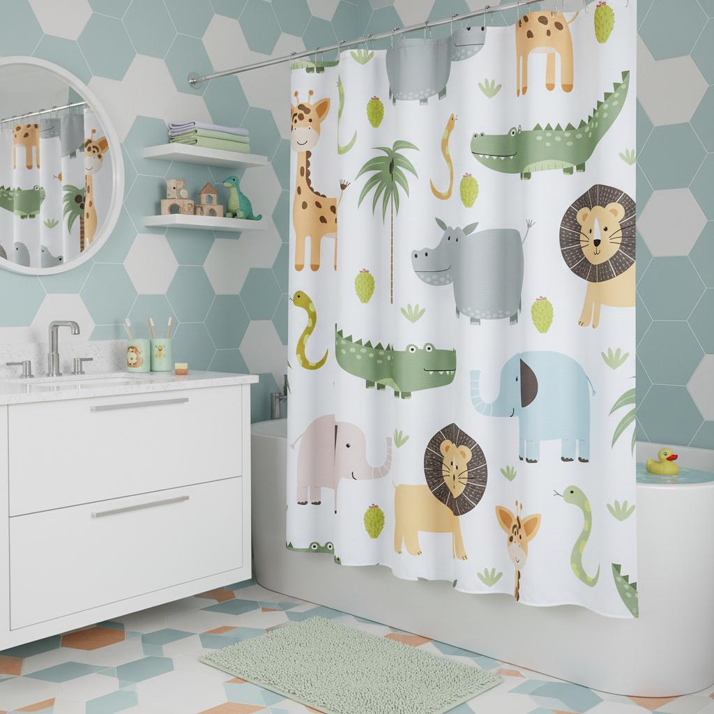 72 Blue Green And White Youthful Animal Print Shower Curtain