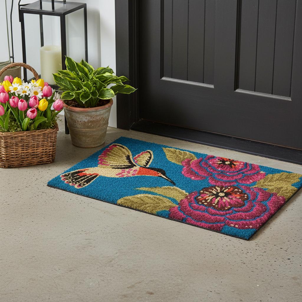 24 X 36 Blue And Rose Floral And Hummingbird Outdoor Coir Door Mat