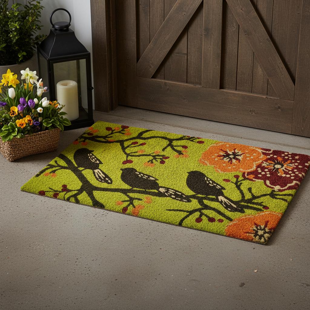 17 X 29 Green Black And Orange Floral Birds Outdoor Coir Door Mat