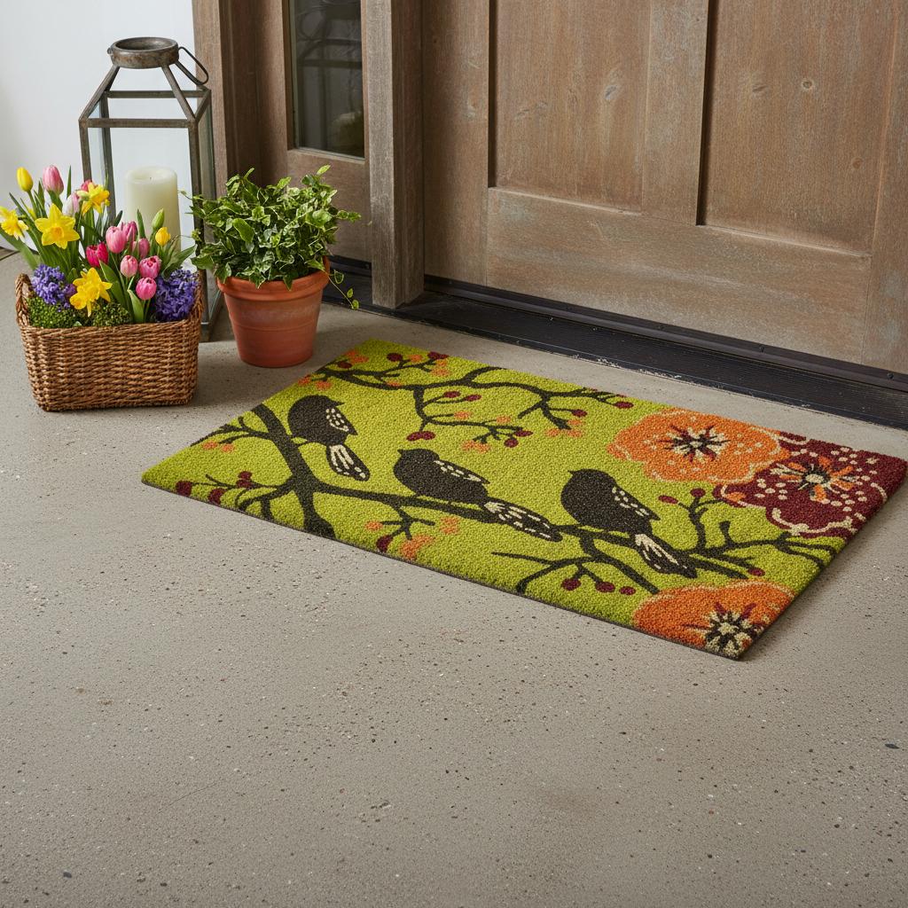 24 X 36 Green Black And Orange Floral Birds Outdoor Coir Door Mat