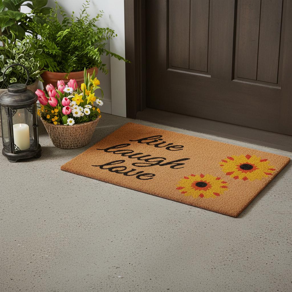 24 X 36 Brown Black And Yellow Floral Live Laugh Love Outdoor Coir Door Mat