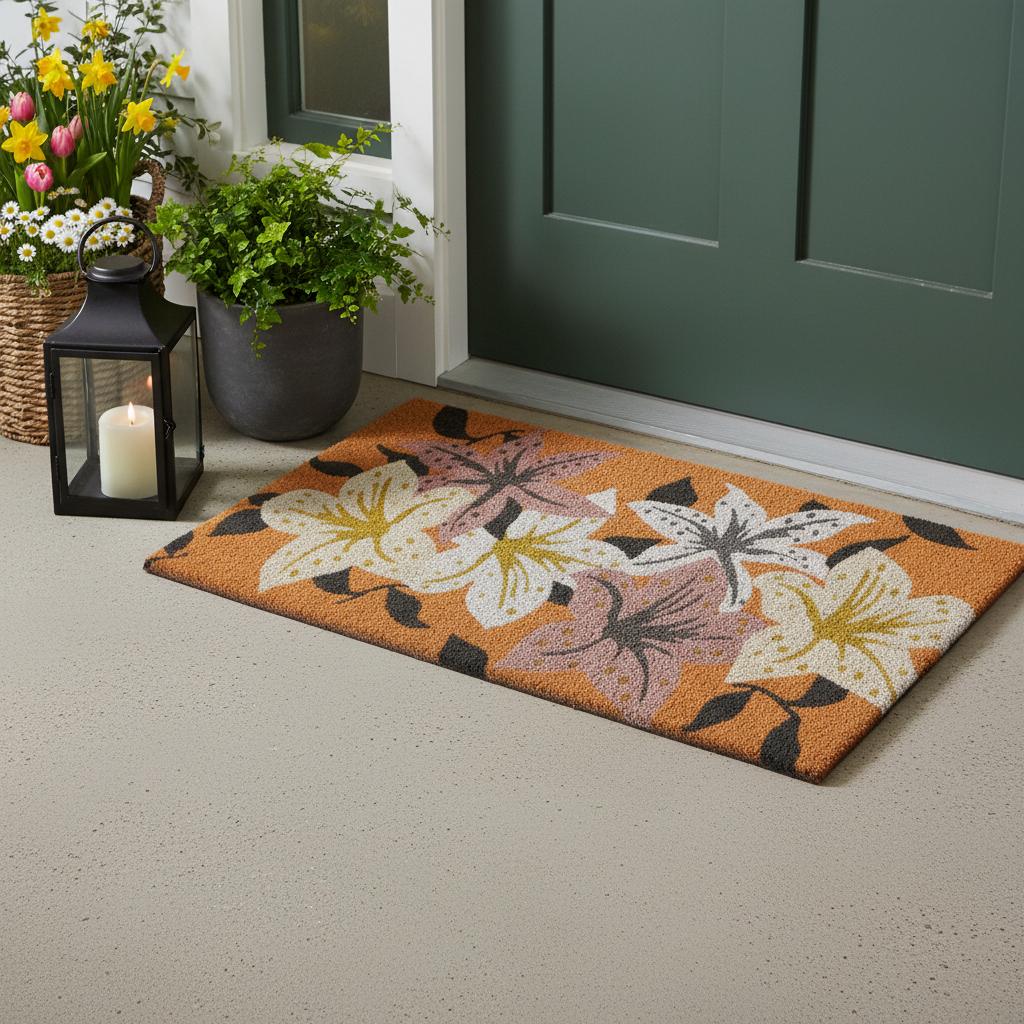17 X 29 Brown Purple And White Floral Outdoor Coir Door Mat