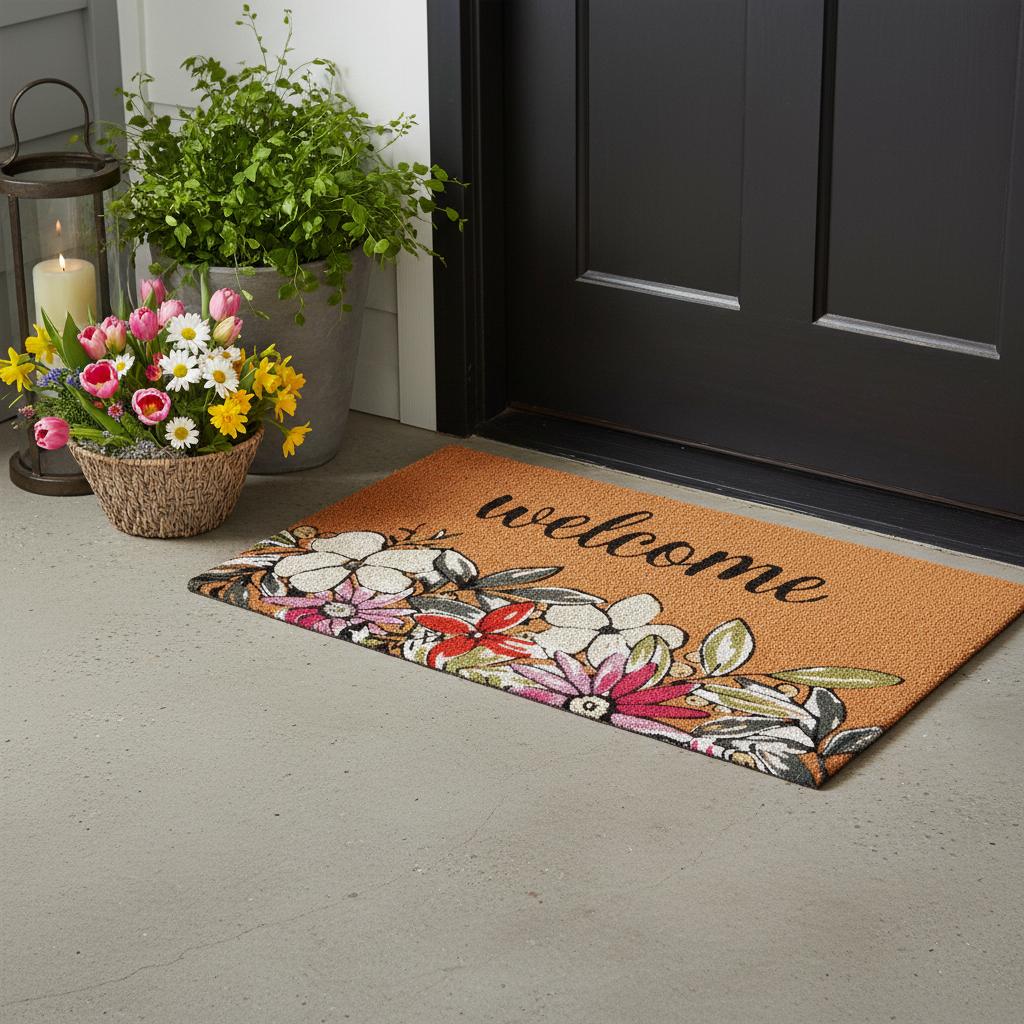 17 X 29 Brown Black And White Floral Welcome Outdoor Coir Door Mat