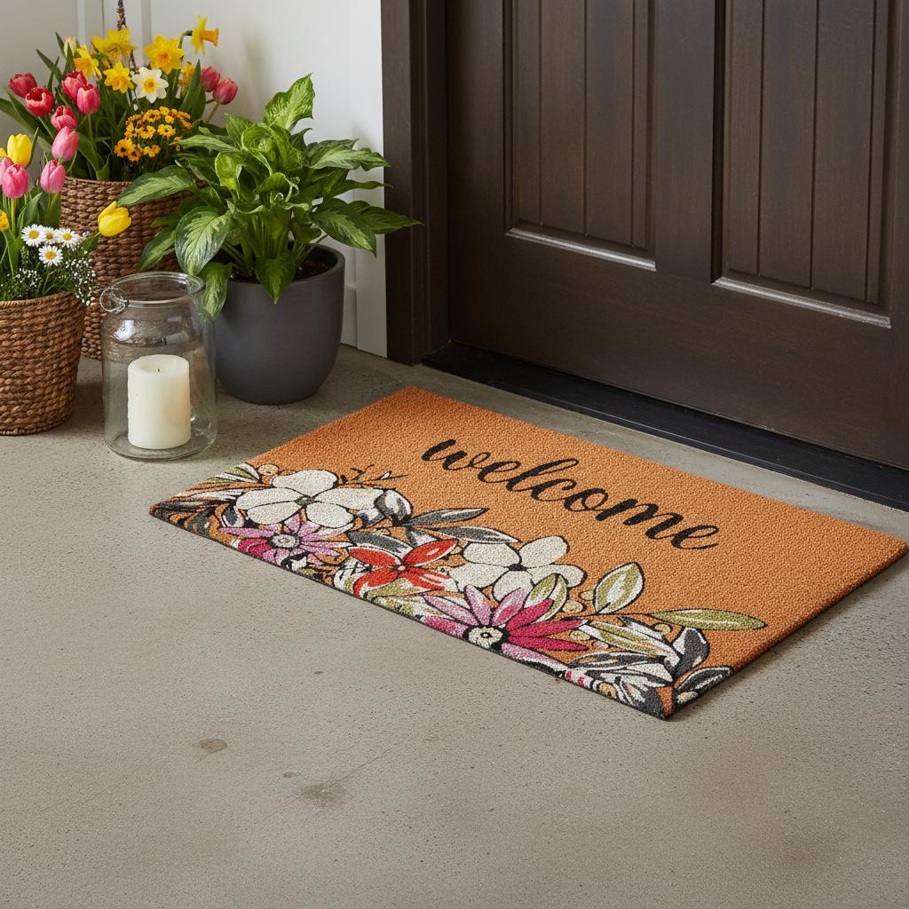 20 X 34 Brown Black And White Floral Welcome Outdoor Coir Door Mat