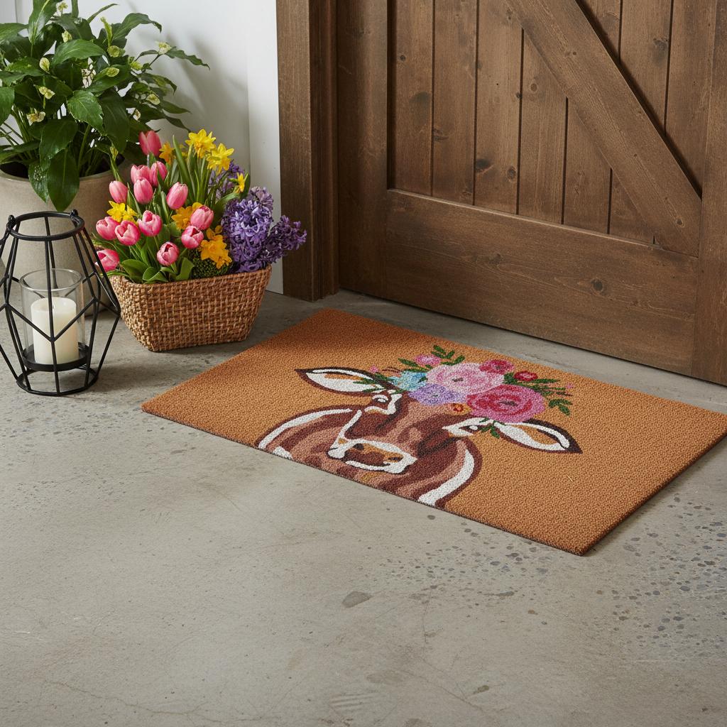 17 X 29 Brown And Pink Floral Cow Outdoor Coir Door Mat