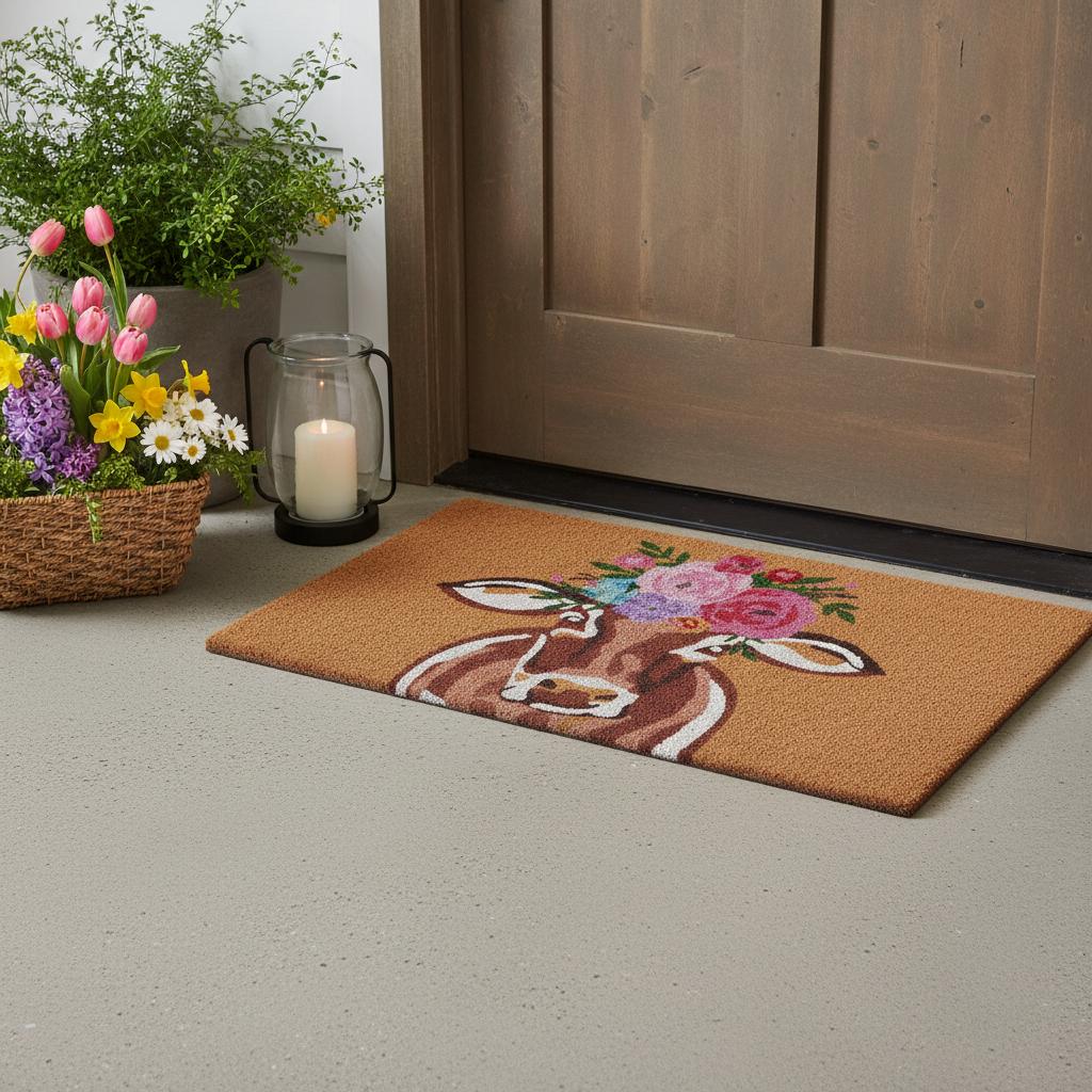 24 X 36 Brown And Pink Floral Cow Outdoor Coir Door Mat