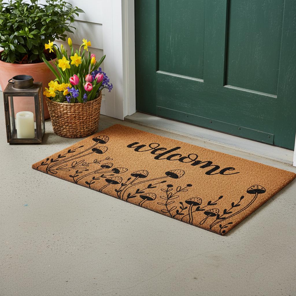24 X 36 Brown And Black Mushrooms Welcome Outdoor Coir Door Mat