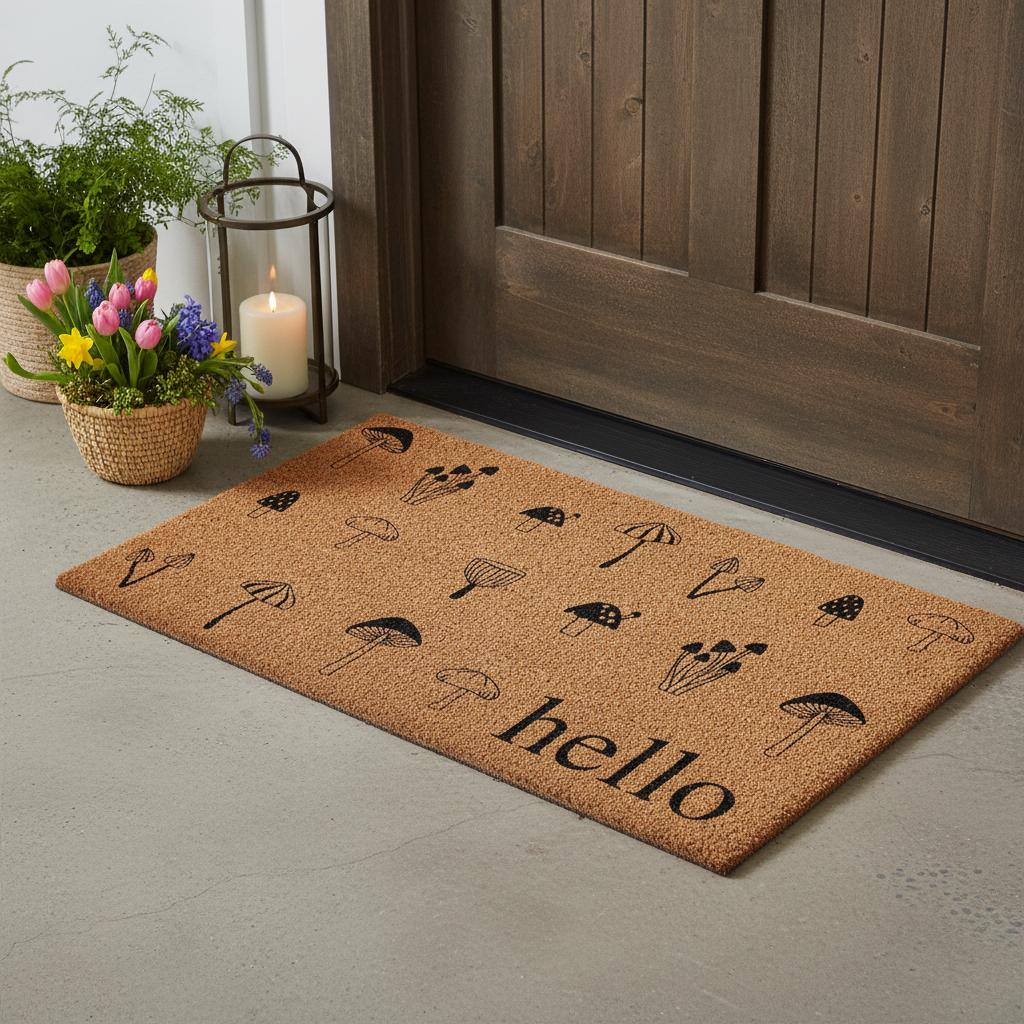 24 X 36 Brown And Black Mushrooms Hello Outdoor Coir Door Mat