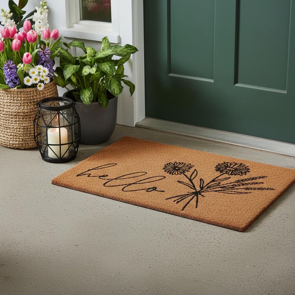 17 X 29 Brown And Black Floral Hello Outdoor Coir Door Mat